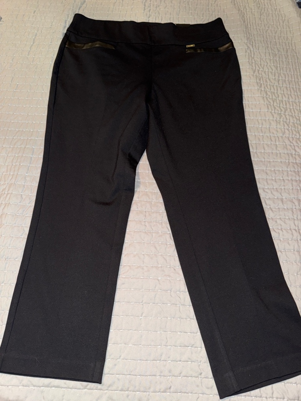 DKNY Black Pants with Faux Leather Accent and Gold Logo